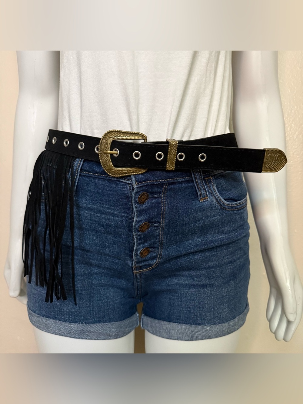 Black PU suede leather fringe details with old gold tone buckle